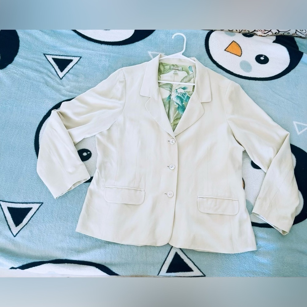 Tommy Bahama Blazer Business‎ Cream Pockets Work Women's Silk Long Sleeve SZ 16